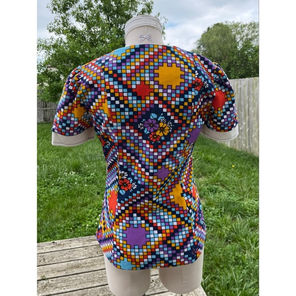 Vintage 60s Mod Colorful Floral Geometric Wide Collar Button Up Shirt - Picture 8 of 13